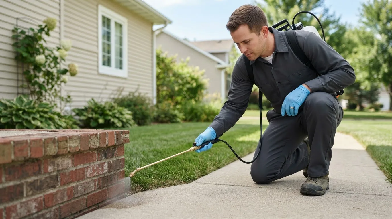 Pest control technician treating a home near Kincaid, KS